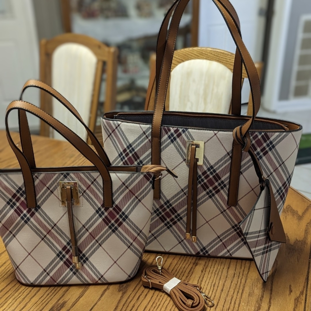 Plaid Tote and Handbag Set - Brown and Cream